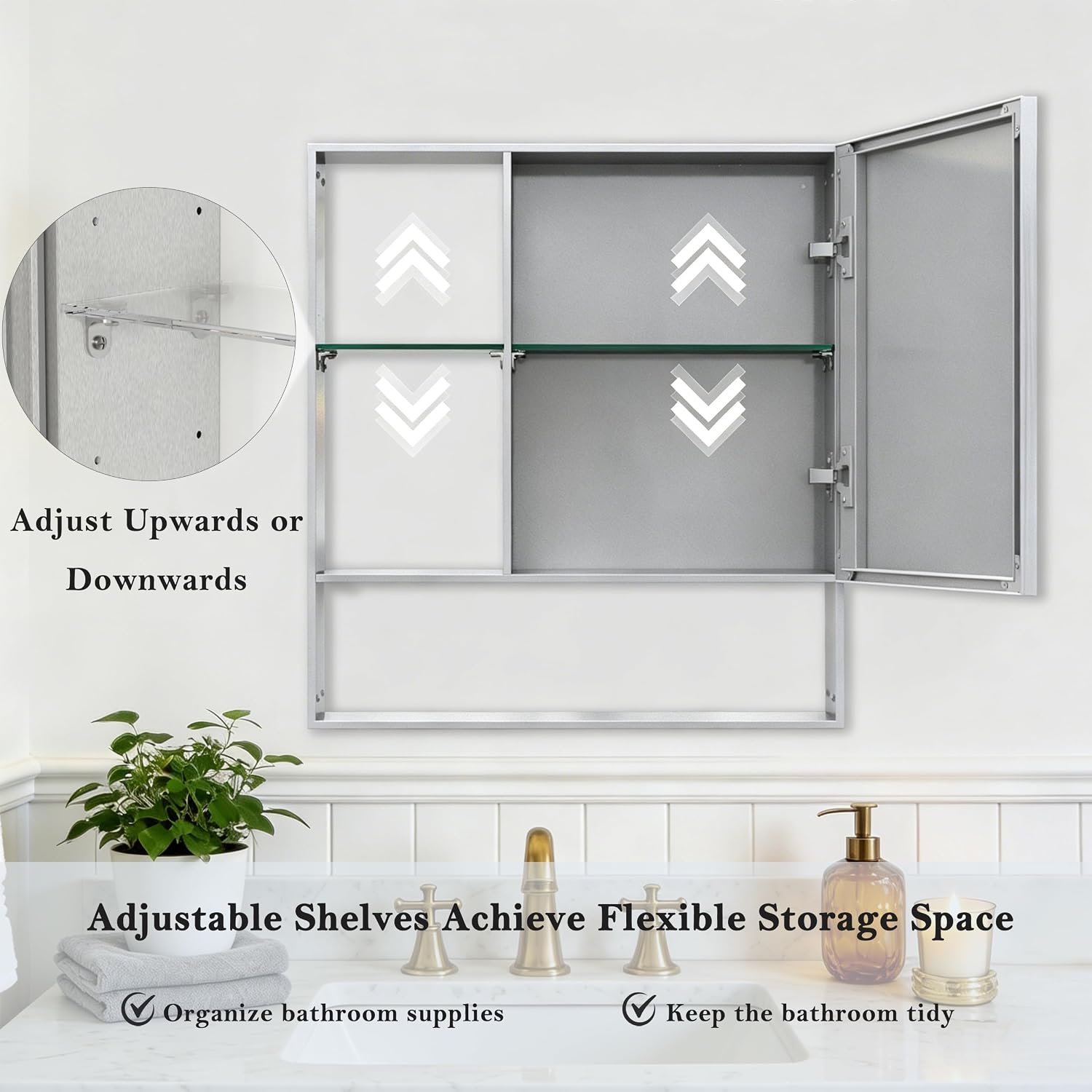 22 x 24 Inch Bathroom Medicine Cabinet with Mirror, Silver