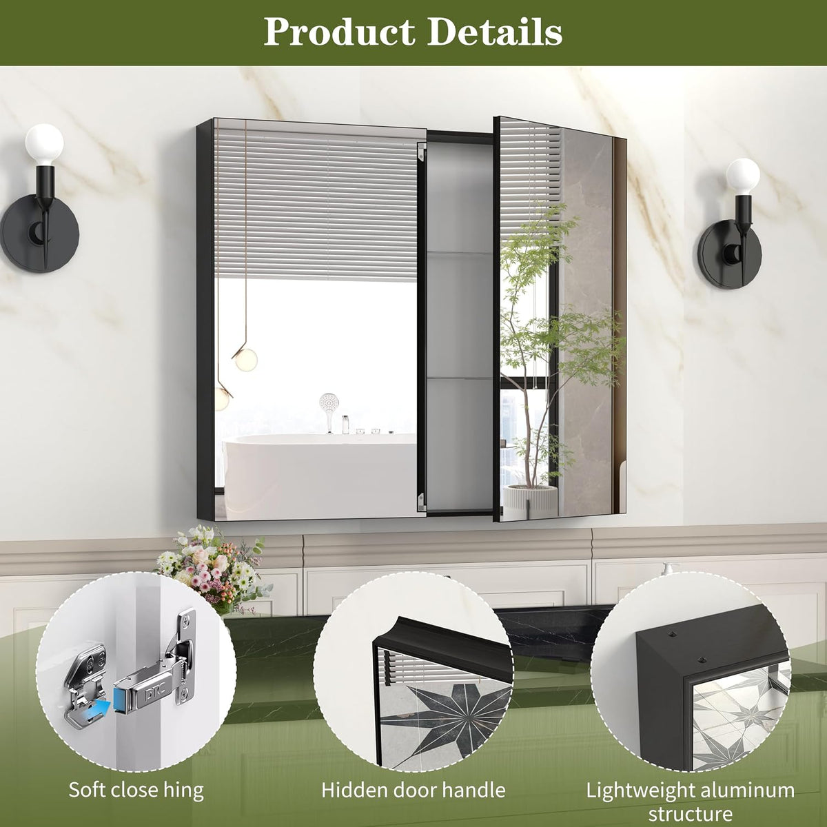 ANYHI 32 x 28 Inch Bathroom Medicine Cabinet with Mirror, Black