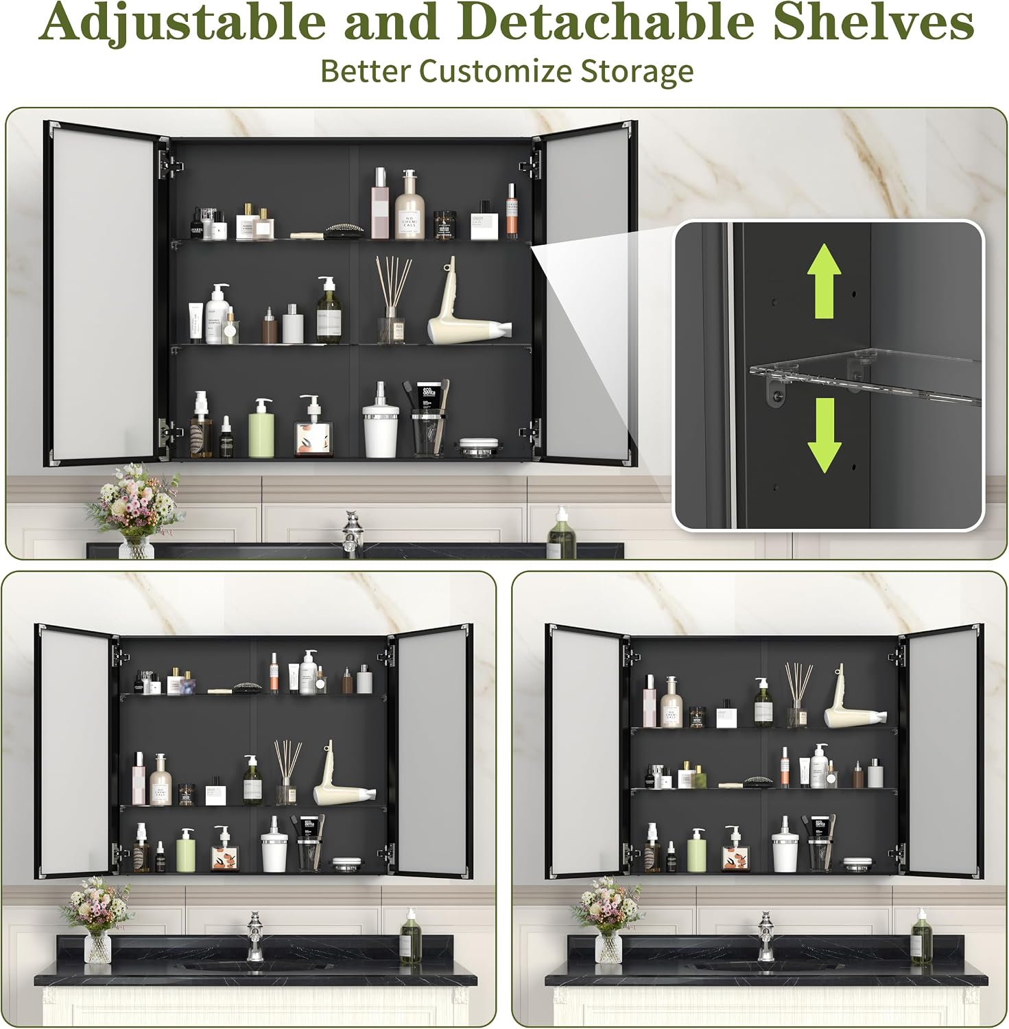 ANYHI 32 x 28 Inch Bathroom Medicine Cabinet with Mirror, Black