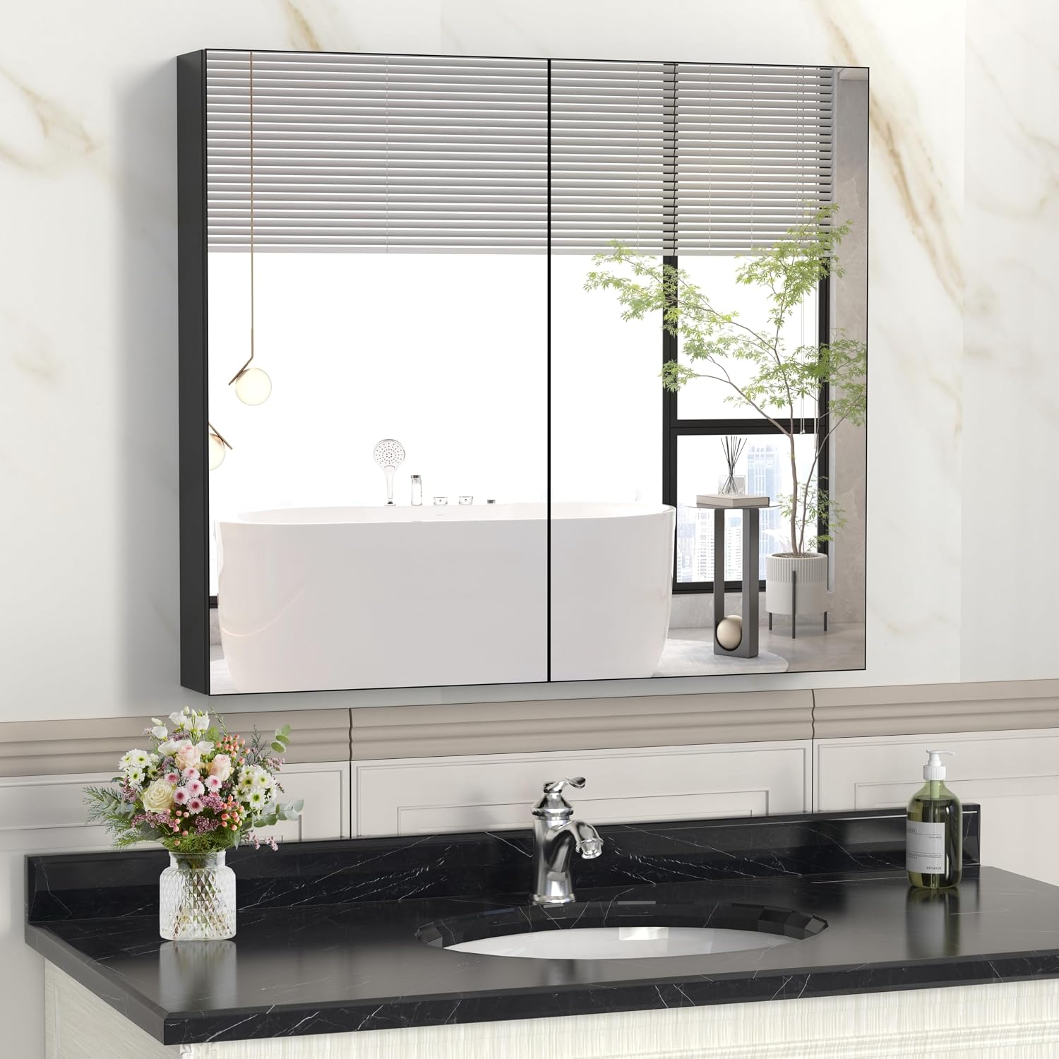 ANYHI 32 x 28 Inch Bathroom Medicine Cabinet with Mirror, Black