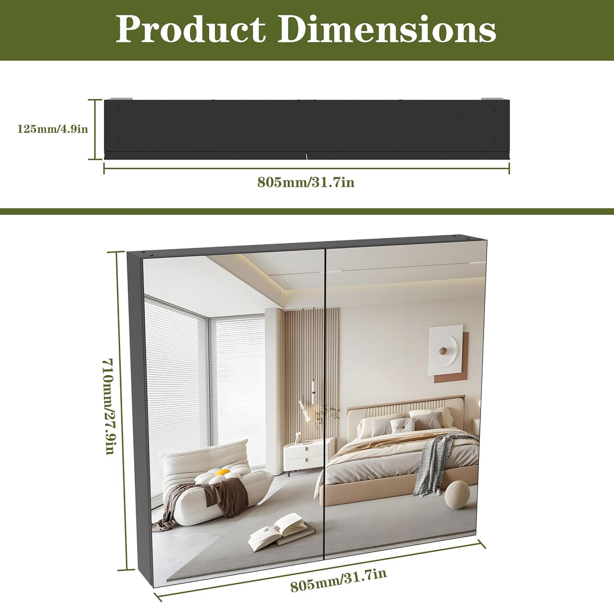 ANYHI 32 x 28 Inch Bathroom Medicine Cabinet with Mirror, Black