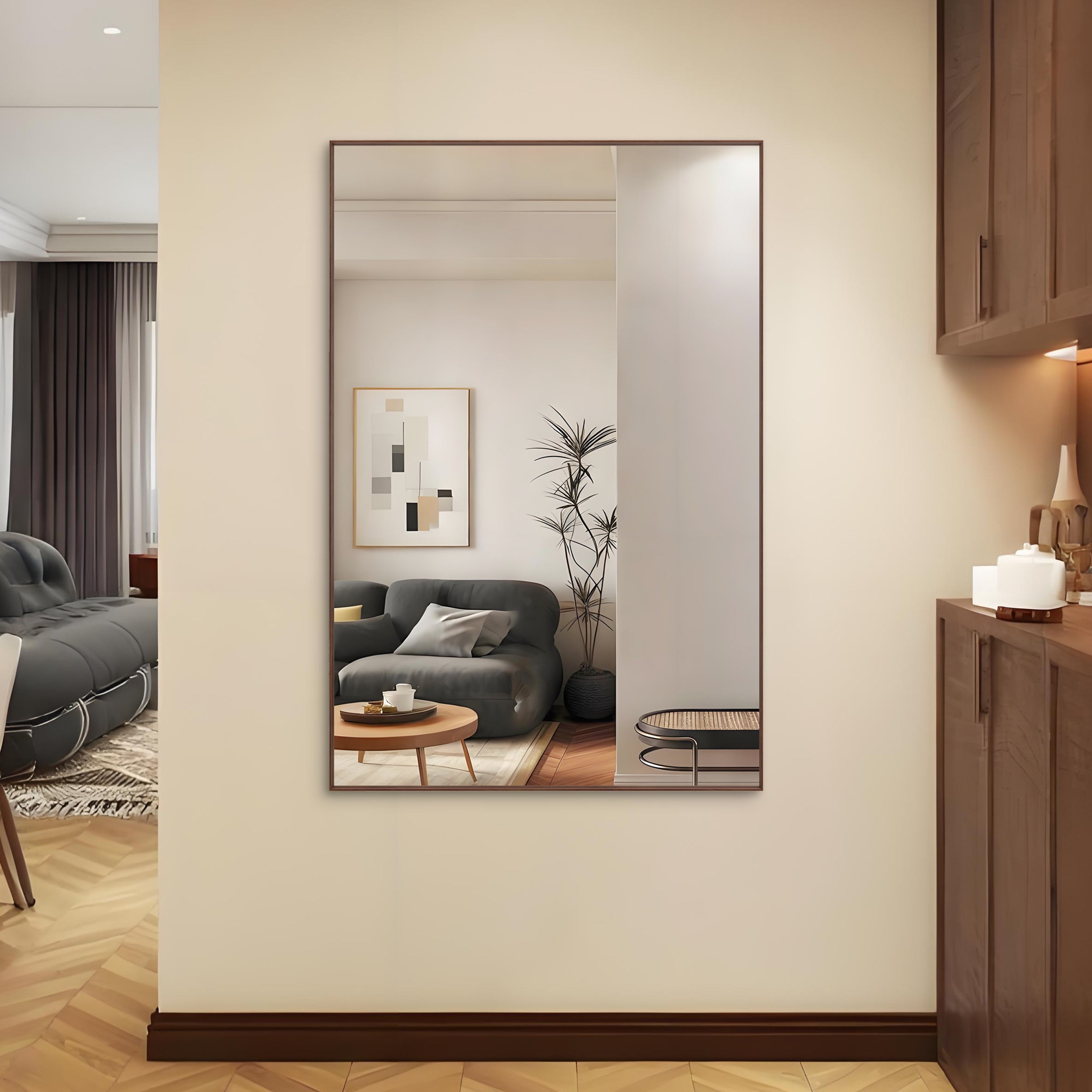 60"x40" Oversized Modern Rectangle Bathroom Mirror with walnut Frame Decorative Large Wall Mirrors for Bathroom Living Room Bedroom Vertical or Horizontal Wall Mounted mirror with Aluminum Frame