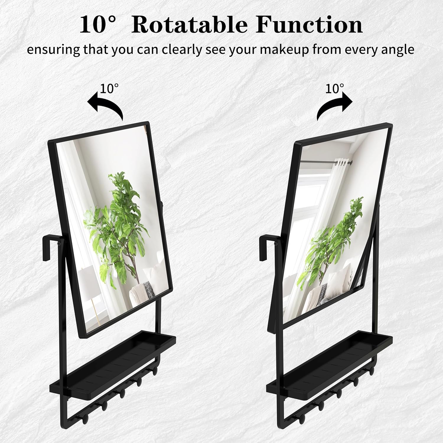 Modern Black Square Wall Mirror with Shelf & Hooks, 21.7 x 29.3 Inch Large Bathroom Mirror with 10° Adjustable Tilt for Entryway, Living Room, Hallway, Bedroom