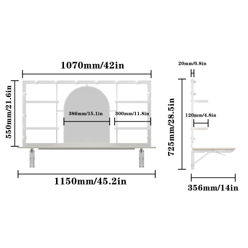 Floating Wall Mounted Makeup Vanity with Arched Mirror for Dressing Bedroom, Vanity Mirror with 12 LED Bulbs, Metal Frame, with 4 Metal Shelf, 45 * 29 inches (White)