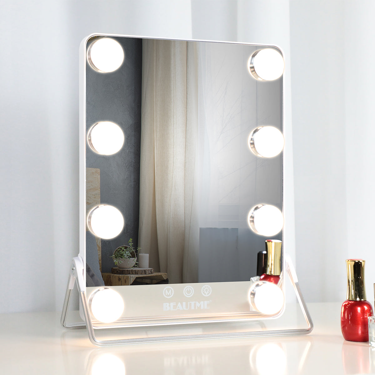 BEAUTME Hollywood Makeup Vanity Mirror with Lights,Lighted Mirror with Lights,Tabletop Makeup Mirror,Travel Mirror,Cosmetic Mirror with 8 Dimmable Bulbs (Custom Color))