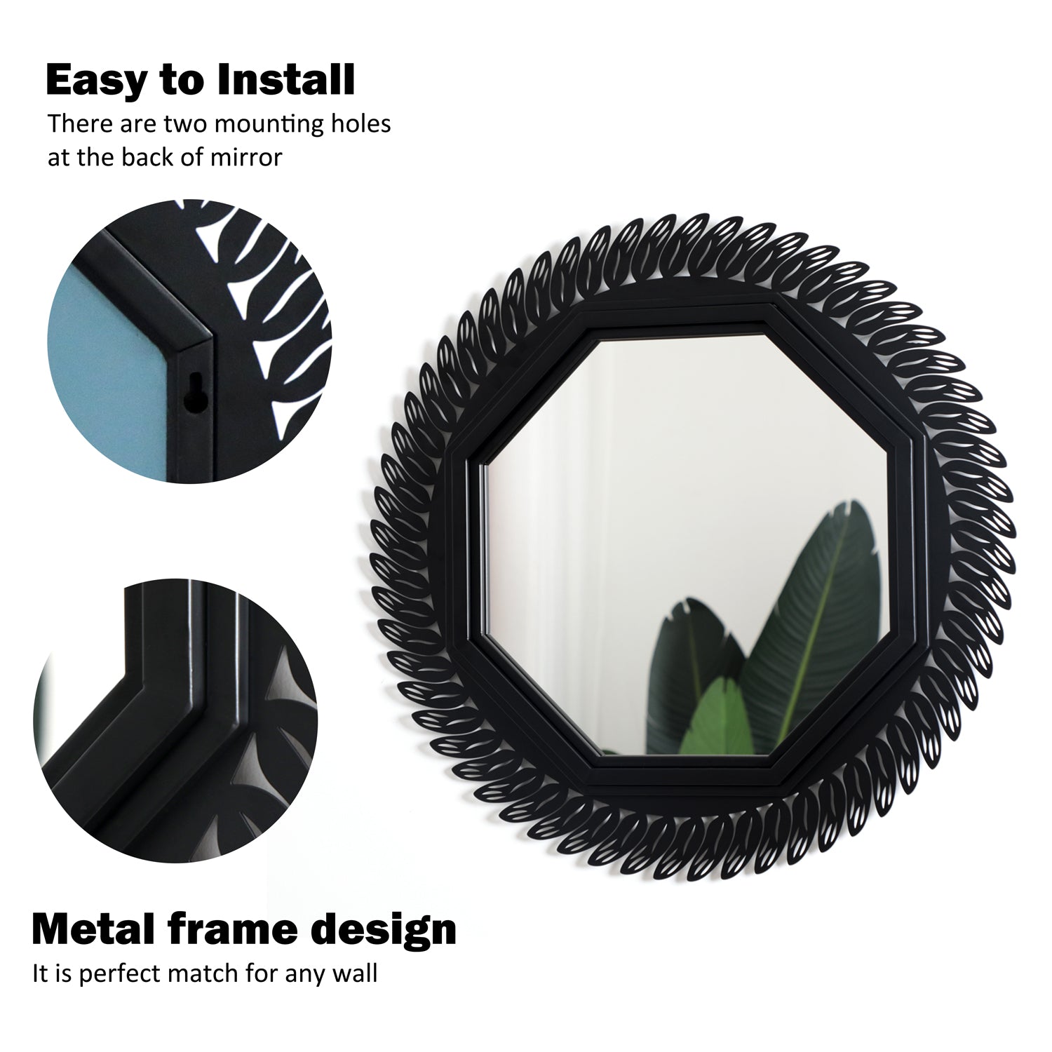 24"x24" Black Decorative Wall Mirror for Home, Octagonal Geometric Mirror with Metal Frame,Modern Hanging Mirrors for Living Room,Bedroom Entryway